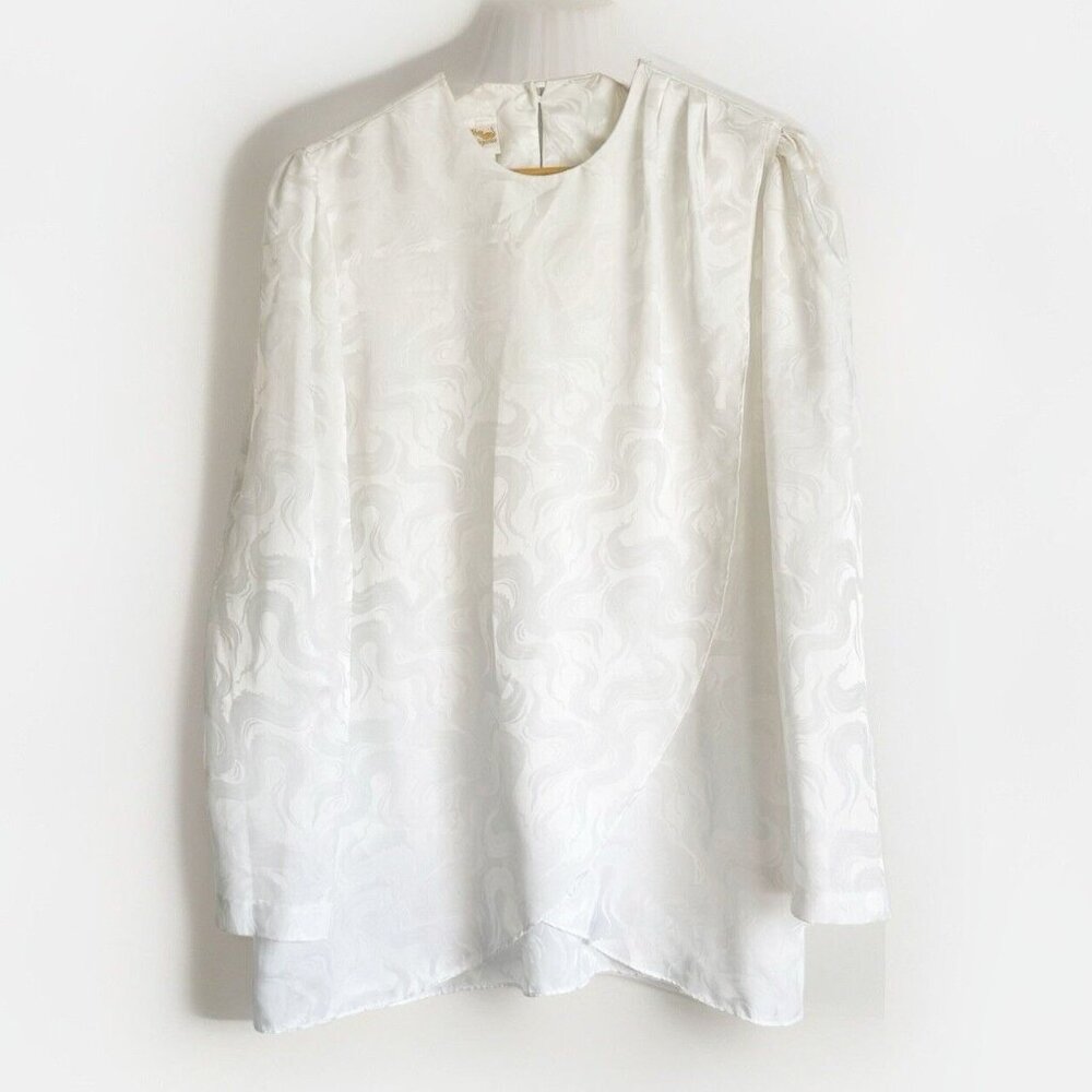 Vintage White Elegance Women’s Medium Satin White Damask Top Long Sleeve Modest